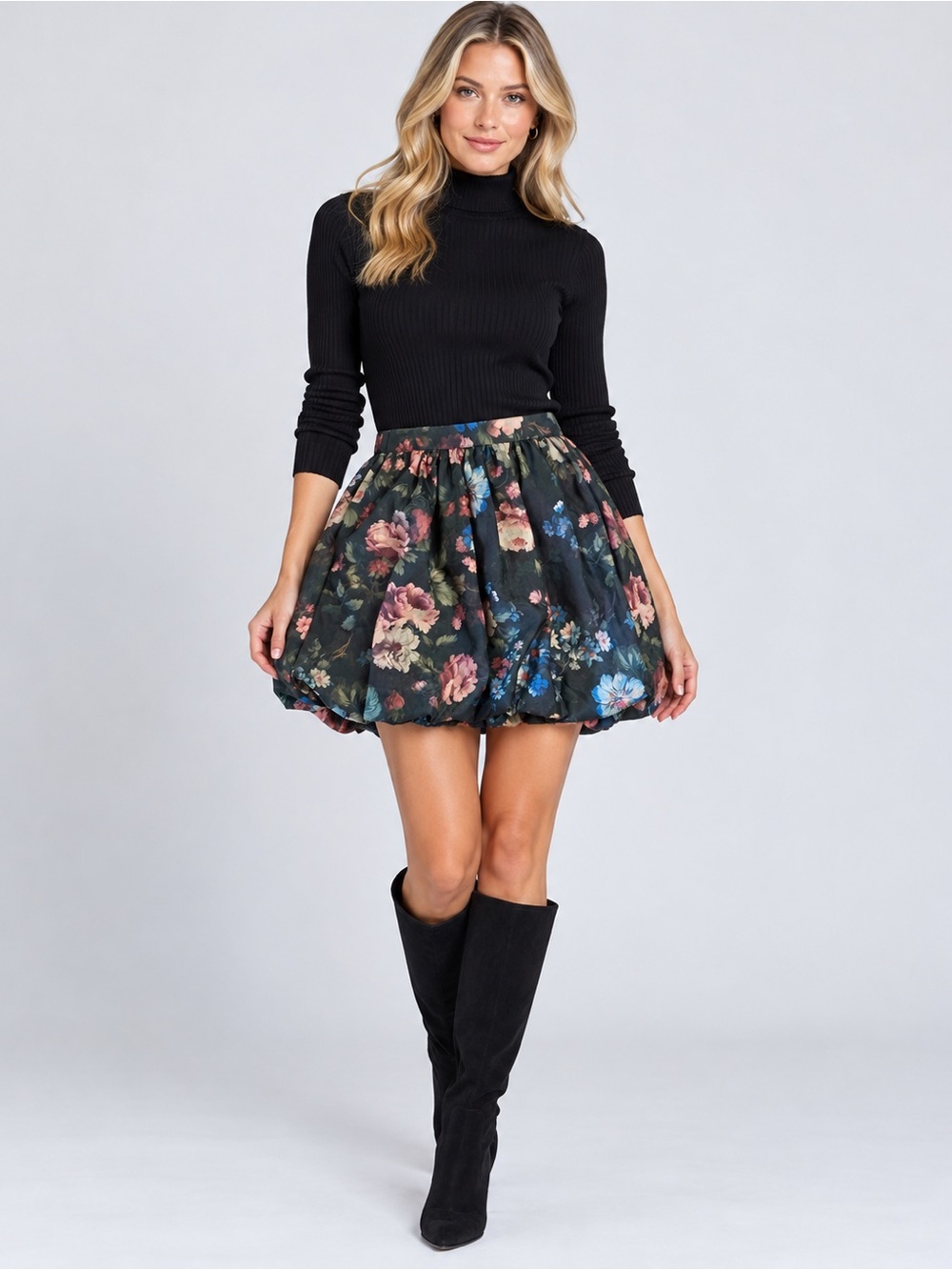 Anthropologie Floral Bubble “satin”  Mini Skirt in Black with Pink & Blue Blooms